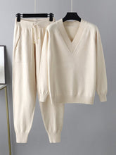 Lässige, lockere Haremshose, einfarbig, Pullover mit V-Ausschnitt, Oberteile, Hosen, zweiteiliges Set